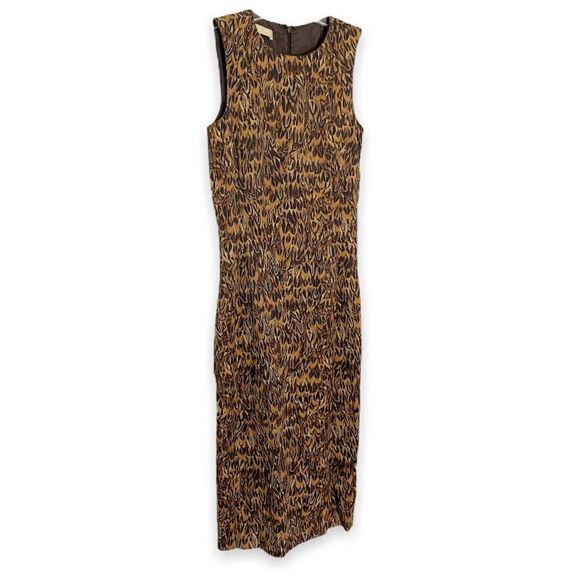 Brown Michael Kors Collection Feather Print Midi Dress Women’s Size 2 Made Italy - Picture 3 of 12